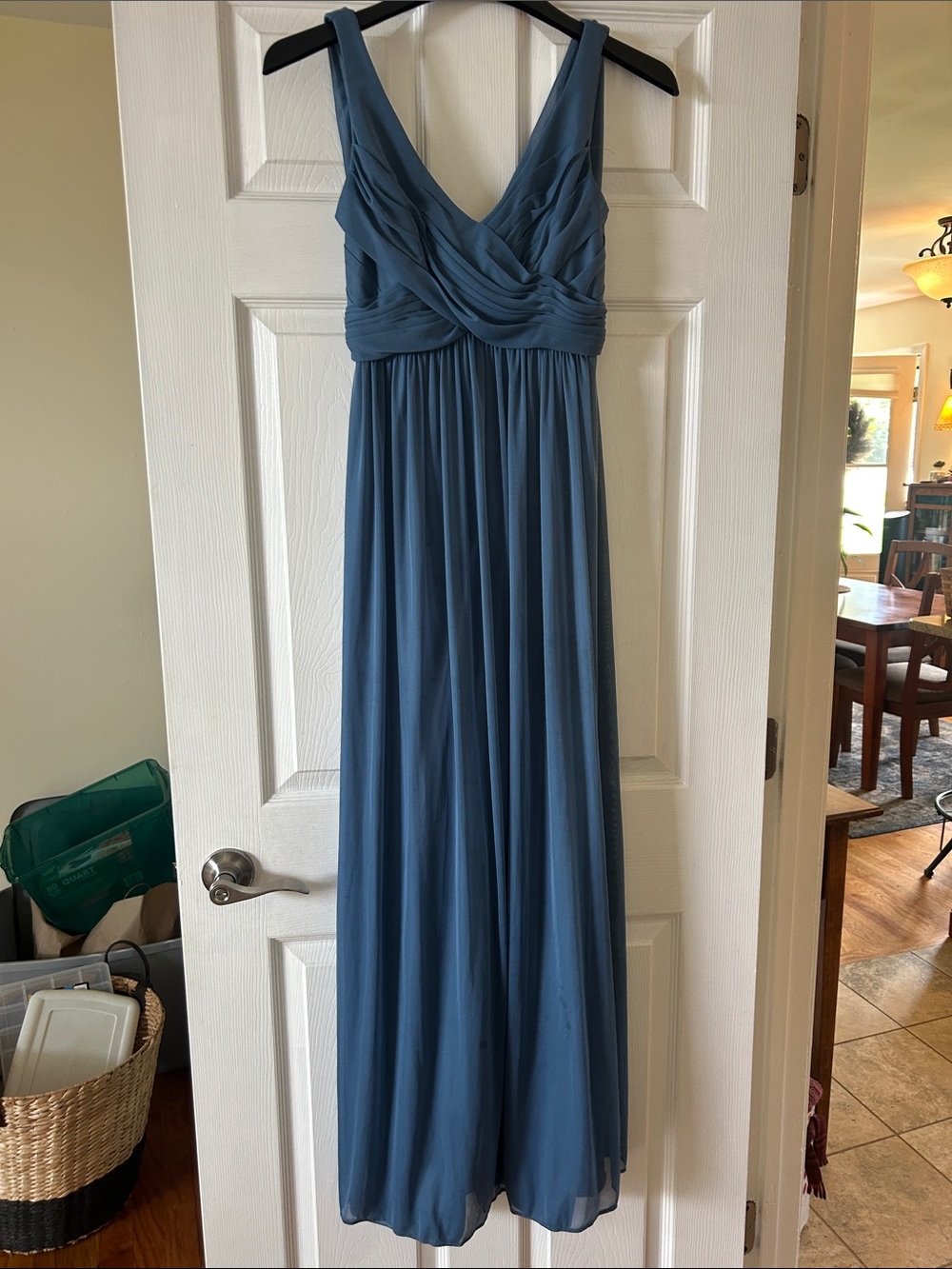David's Bridal Dusty Blue V-Neck Maxi Dress